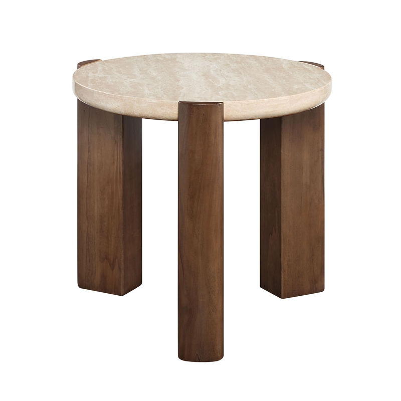 Bowery Hill Compact Round End Table with Travertine Top in Dark Oak