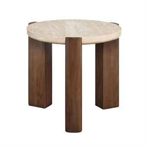 Bowery Hill Compact Round End Table with Travertine Top in Dark Oak