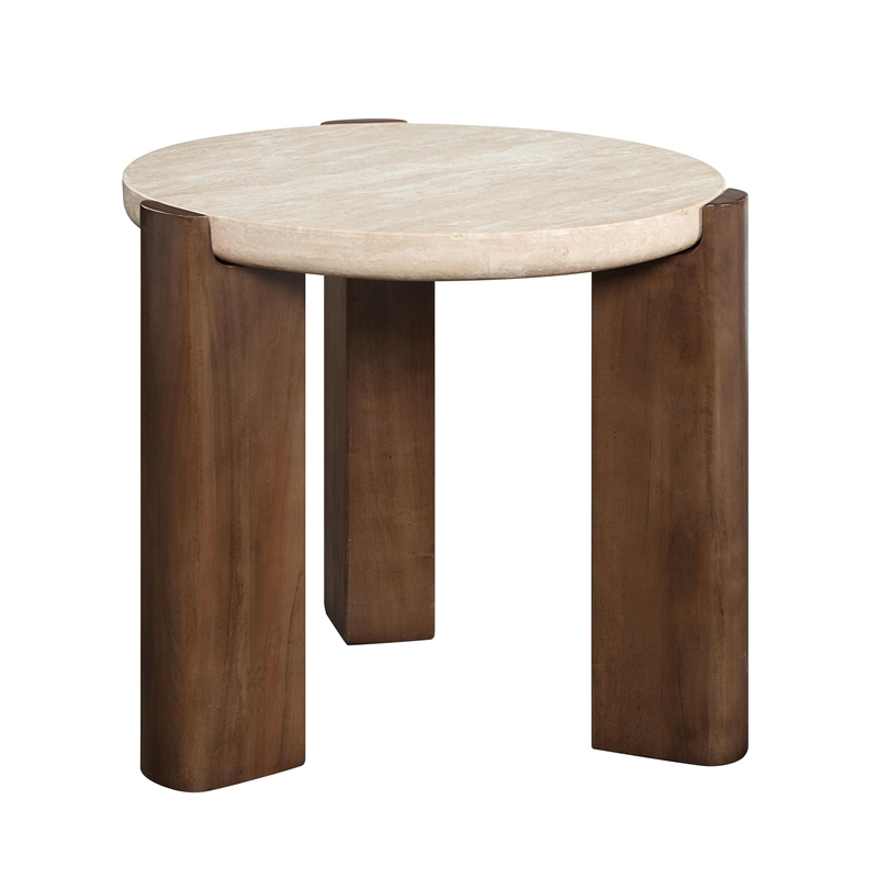 Bowery Hill Compact Round End Table with Travertine Top in Dark Oak