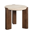 Bowery Hill Compact Round End Table with Travertine Top in Dark Oak