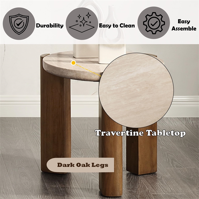 Bowery Hill Compact Round End Table with Travertine Top in Dark Oak