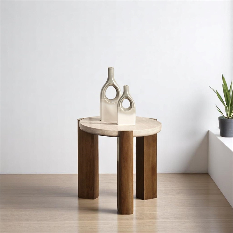 Bowery Hill Compact Round End Table with Travertine Top in Dark Oak