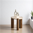 Bowery Hill Compact Round End Table with Travertine Top in Dark Oak