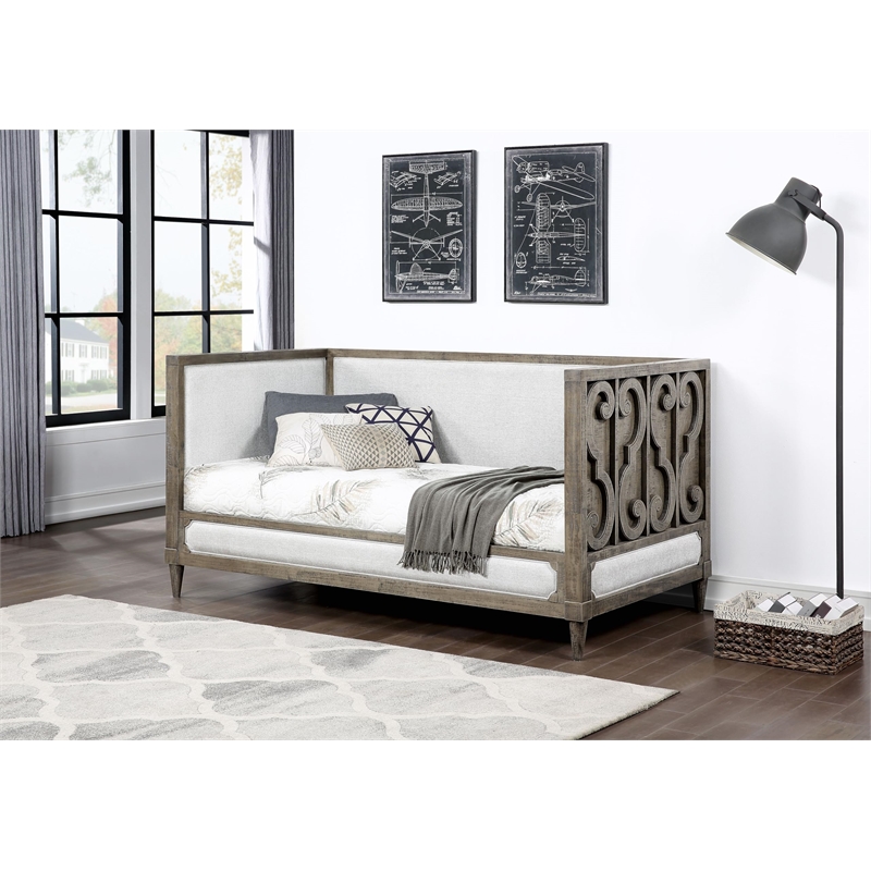 Bowery Hill Upholstered Twin Daybed in Tan Fabric and Salvaged Natural