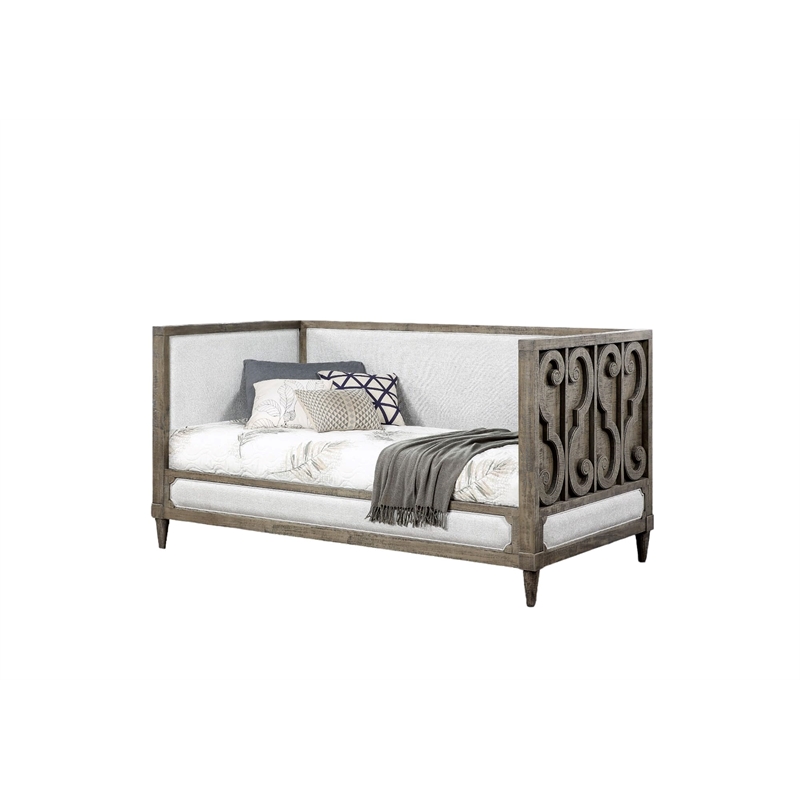Bowery Hill Upholstered Twin Daybed in Tan Fabric and Salvaged Natural