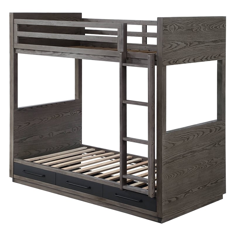Bowery Hill Twin Over Twin Bunk Bed with Storage in Gray Oak