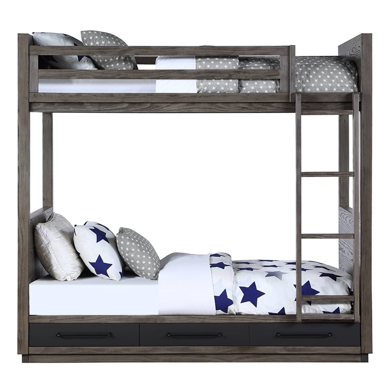 Bowery Hill Twin Over Twin Bunk Bed with Storage in Gray Oak