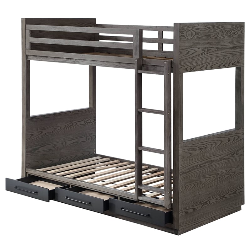 Bowery Hill Twin Over Twin Bunk Bed with Storage in Gray Oak