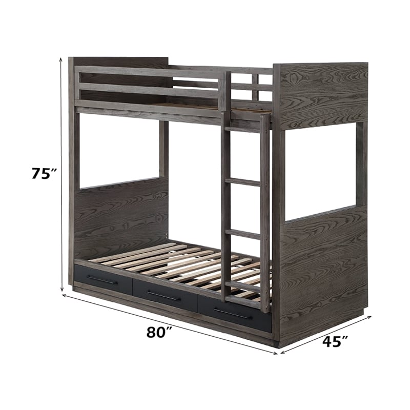 Bowery Hill Twin Over Twin Bunk Bed with Storage in Gray Oak