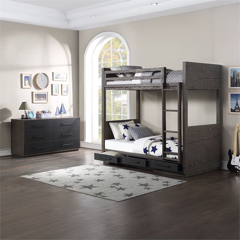 Bowery Hill Twin Over Twin Bunk Bed with Storage in Gray Oak