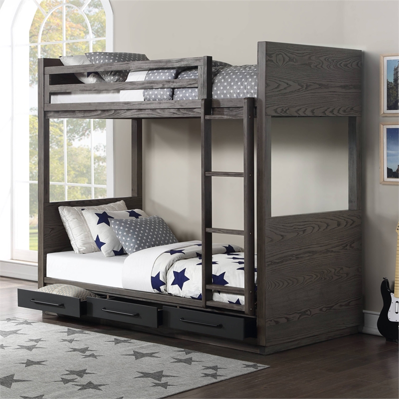 Bowery Hill Twin Over Twin Bunk Bed with Storage in Gray Oak