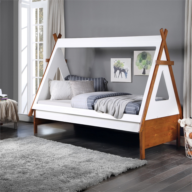 Bowery Hill Kids Twin Teepee Tent House Bed in Oak and White