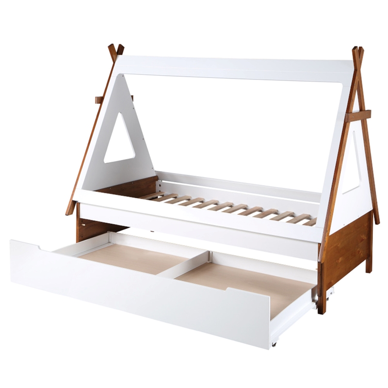 Bowery Hill Kids Twin Teepee Tent House Bed in Oak and White
