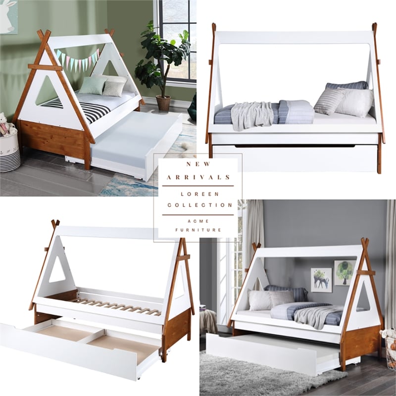 Bowery Hill Kids Twin Teepee Tent House Bed in Oak and White