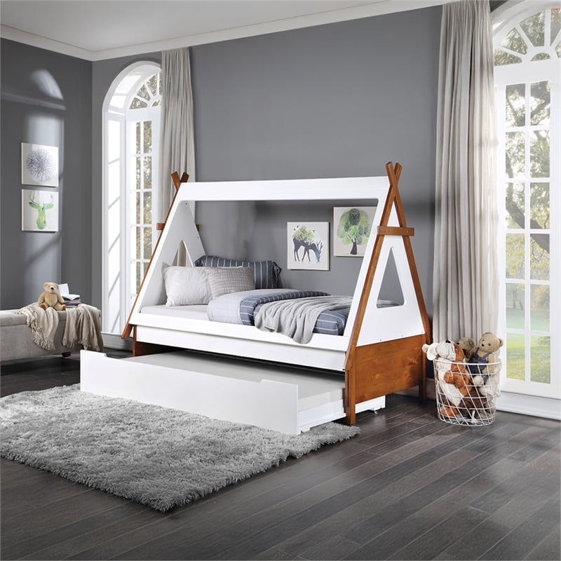 Bowery Hill Kids Twin Teepee Tent House Bed in Oak and White
