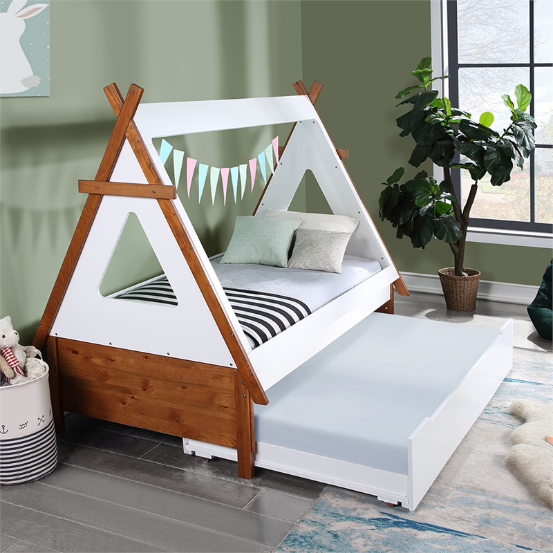 Bowery Hill Kids Twin Teepee Tent House Bed in Oak and White