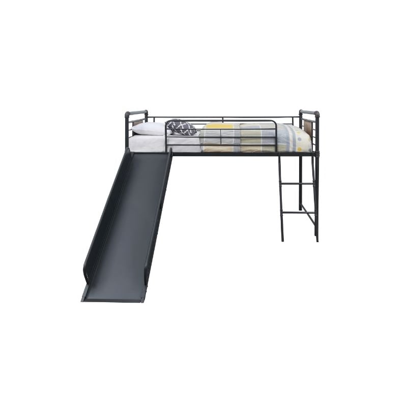 Bowery Hill Twin Loft Bed with Slide in Sandy Black and Dark Bronze