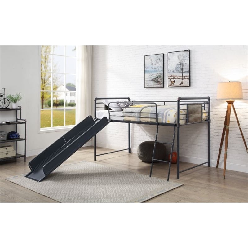 Bowery Hill Twin Loft Bed with Slide in Sandy Black and Dark Bronze