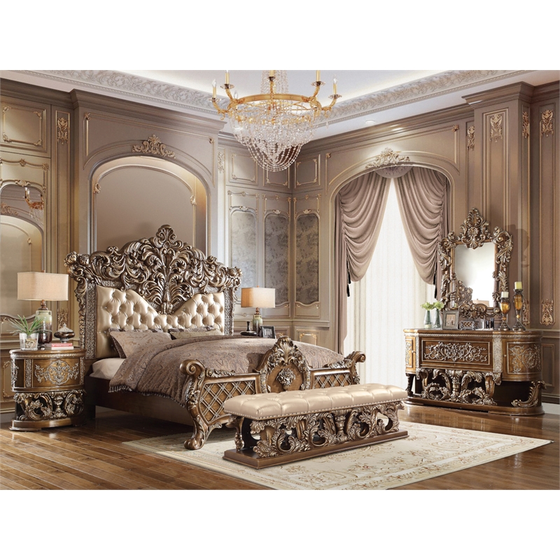 Bowery Hill Rectangular Wall Mirror with Scrollwork in Brown and Gold