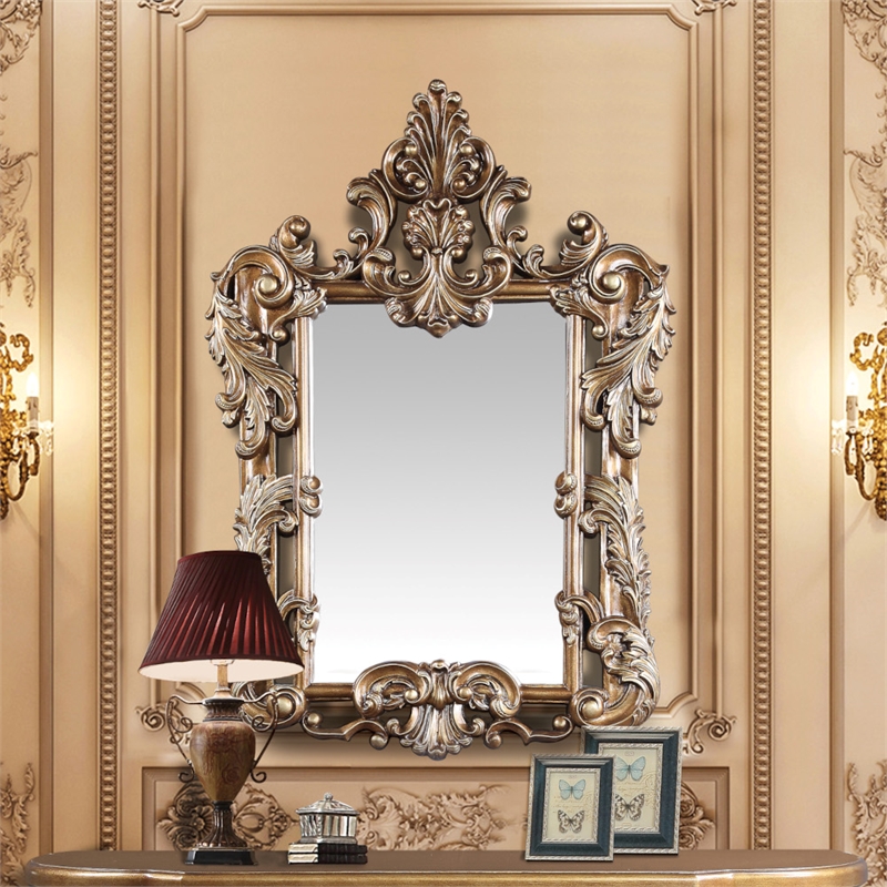 Bowery Hill Rectangular Wall Mirror with Scrollwork in Brown and Gold