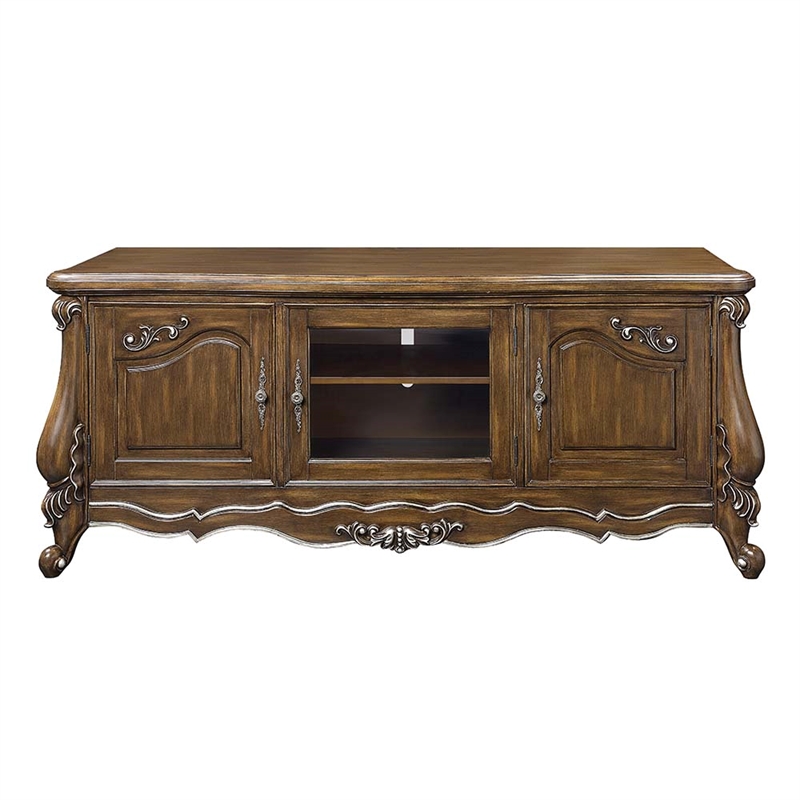Bowery Hill TV Stand with Tempered Glass Doors in Antique Oak