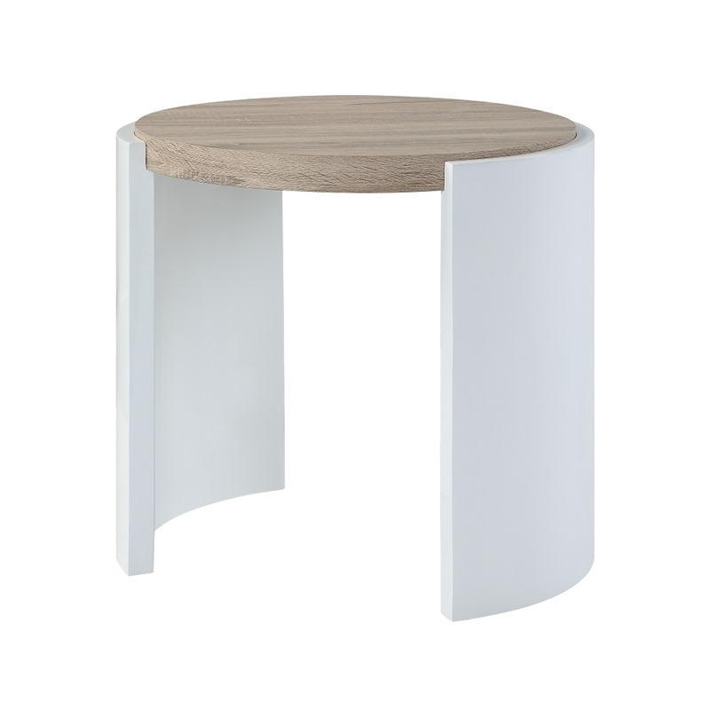Bowery Hill Round End Table in White High Gloss and Natural Oak