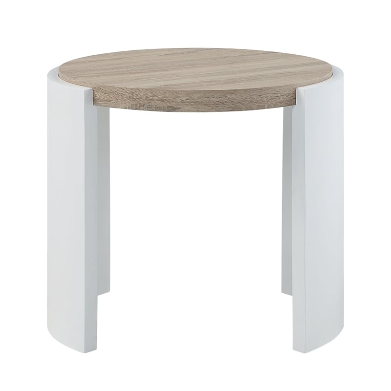 Bowery Hill Round End Table in White High Gloss and Natural Oak