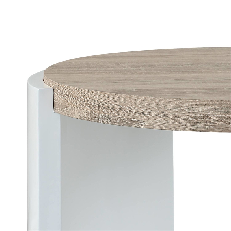Bowery Hill Round End Table in White High Gloss and Natural Oak