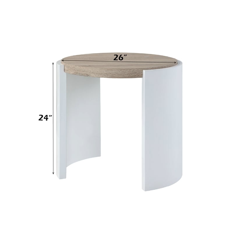 Bowery Hill Round End Table in White High Gloss and Natural Oak