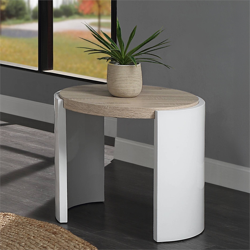 Bowery Hill Round End Table in White High Gloss and Natural Oak