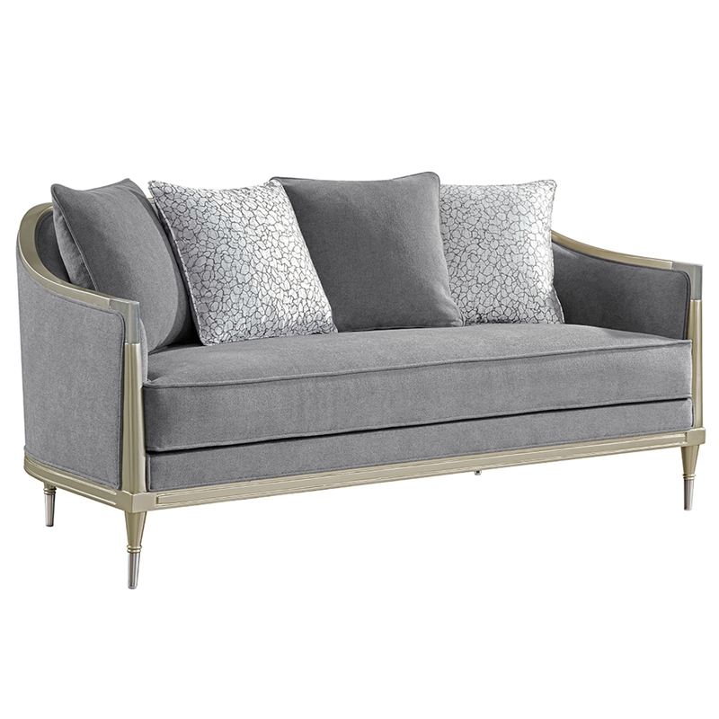 Bowery Hill Loveseat with 4 Pillows in Gray Chenille and Champagne