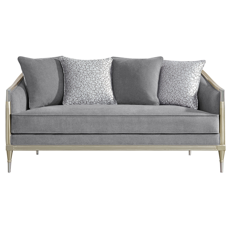 Bowery Hill Loveseat with 4 Pillows in Gray Chenille and Champagne