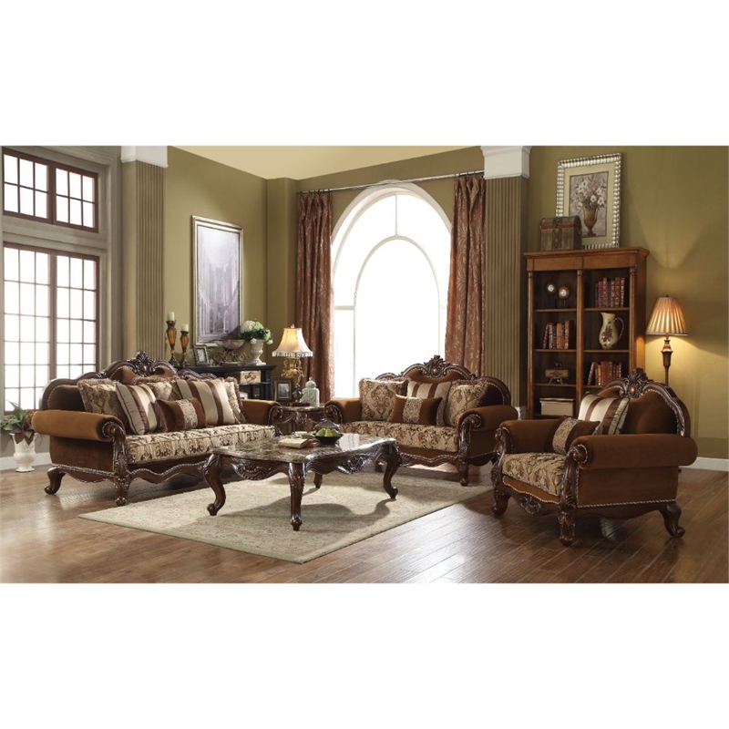 Bowery Hill Camelback Sofa with 6 Pillows in Fabric and Cherry Oak