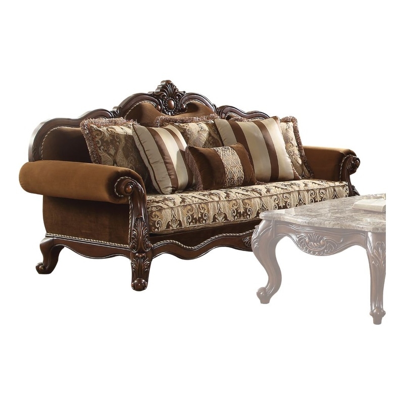 Bowery Hill Camelback Sofa with 6 Pillows in Fabric and Cherry Oak