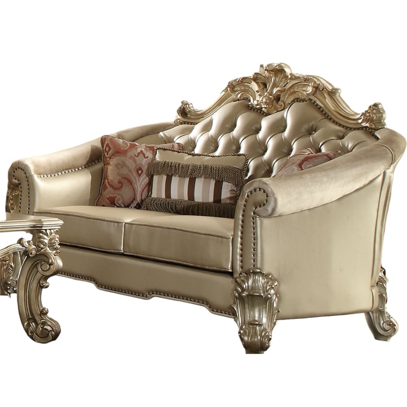 Bowery Hill Loveseat with 3 Pillows in Bone Faux Leather and Gold Patina