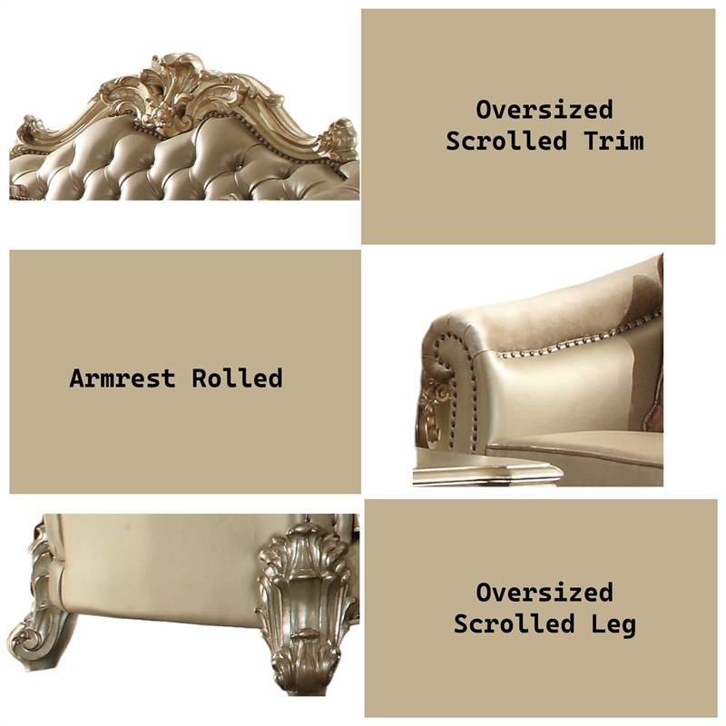 Bowery Hill Loveseat with 3 Pillows in Bone Faux Leather and Gold Patina