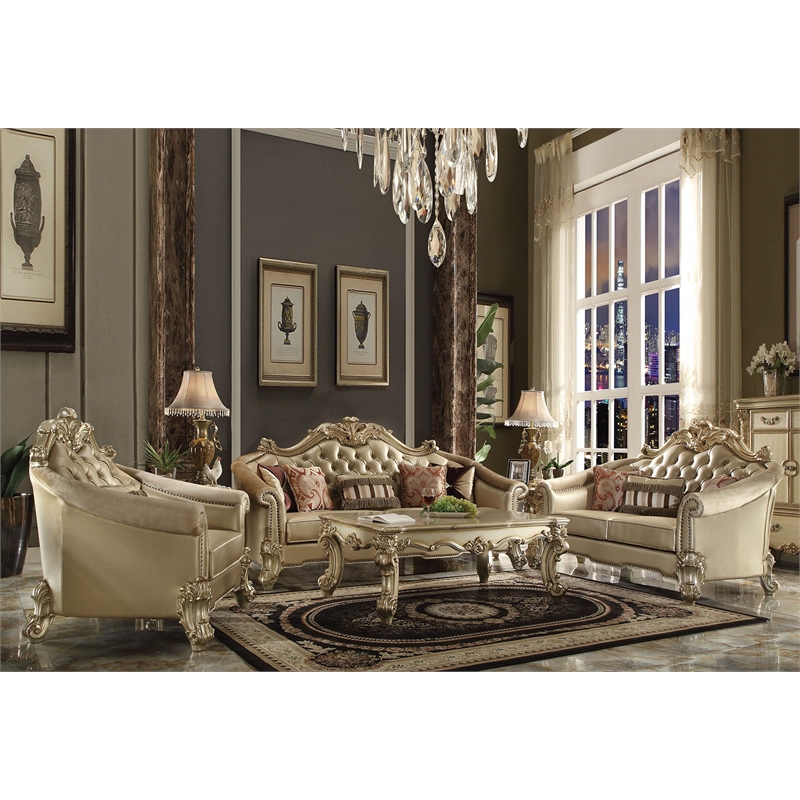 Bowery Hill Loveseat with 3 Pillows in Bone Faux Leather and Gold Patina