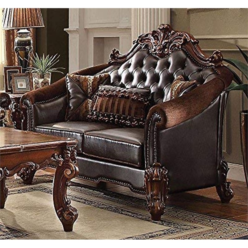 Bowery Hill Loveseat with 3 Pillows in Brown Faux Leather and Cherry
