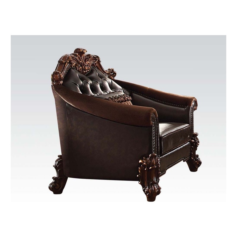 Bowery Hill Arm Chair with Pillow in Brown Faux Leather and Cherry