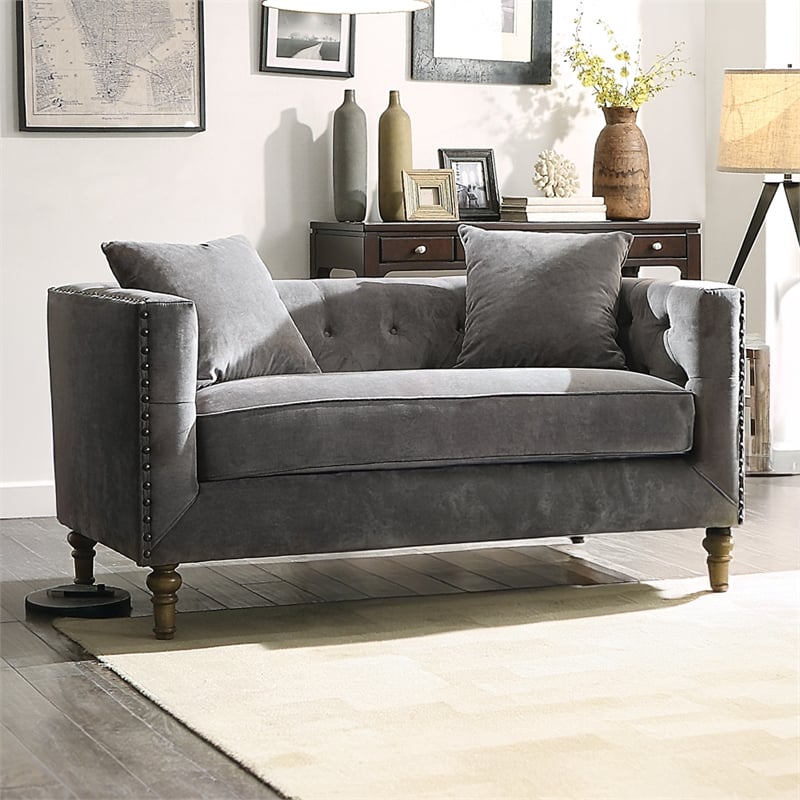 Bowery Hill Tufted Shelter Loveseat with 2 Pillows in Gray Velvet