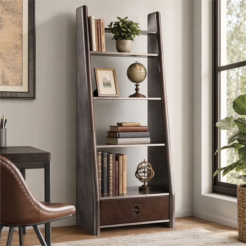 Bowery Hill 5-Shelf Wooden Bookcase with Leather Drawer in Bronze