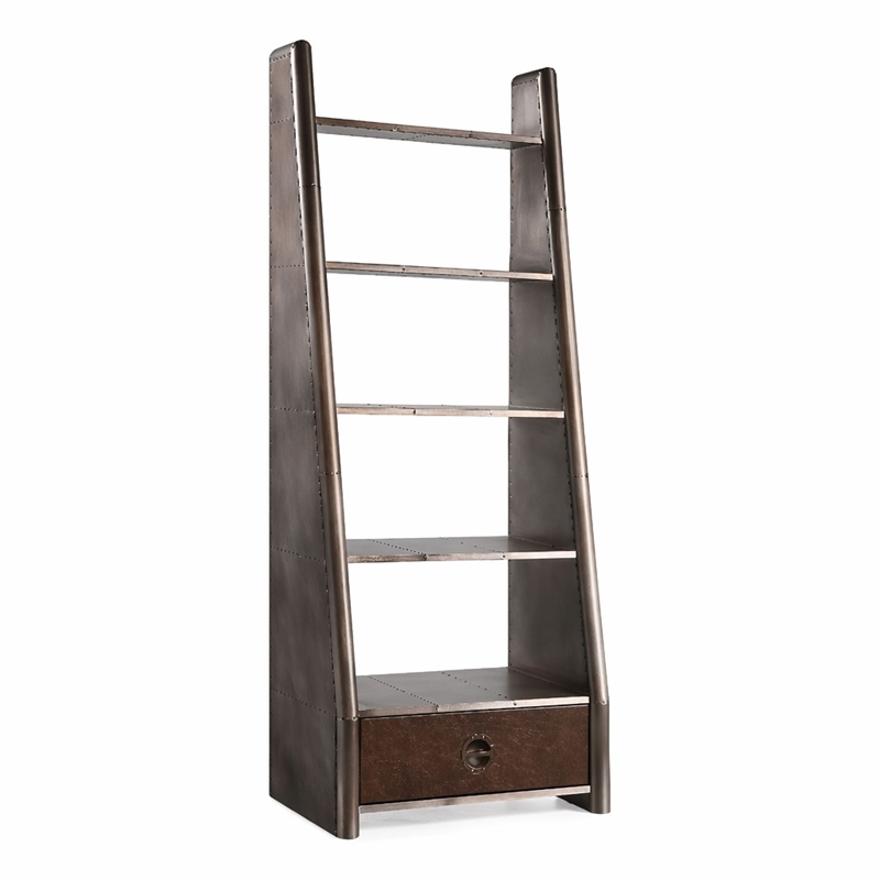 Bowery Hill 5-Shelf Wooden Bookcase with Leather Drawer in Bronze