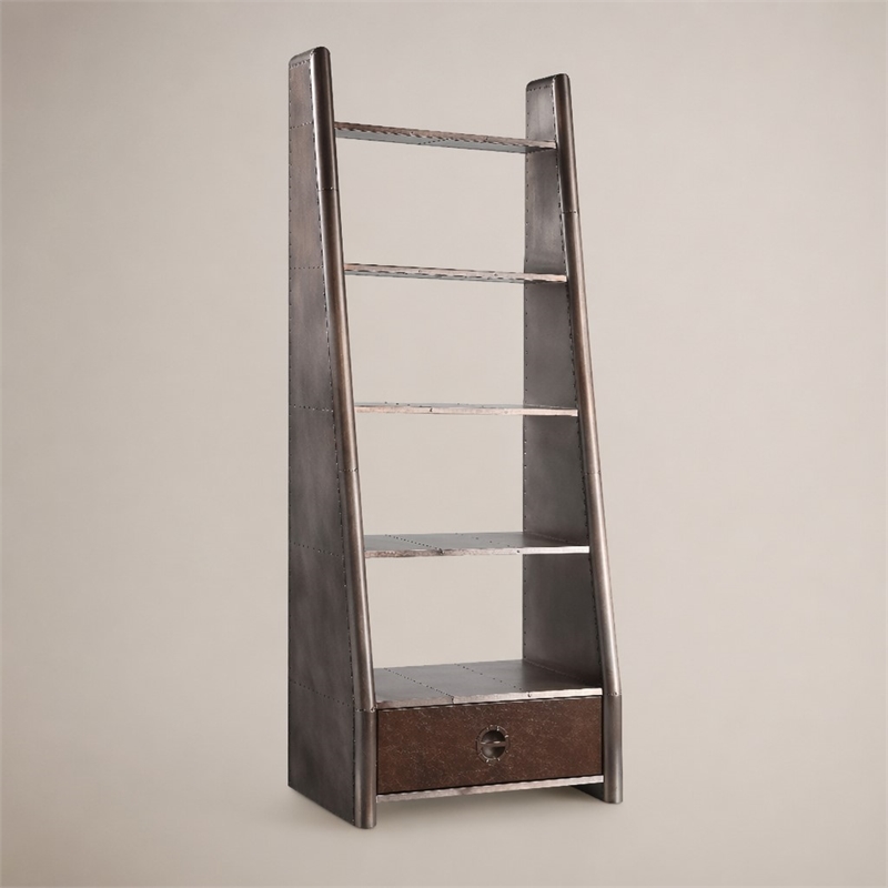 Bowery Hill 5-Shelf Wooden Bookcase with Leather Drawer in Bronze