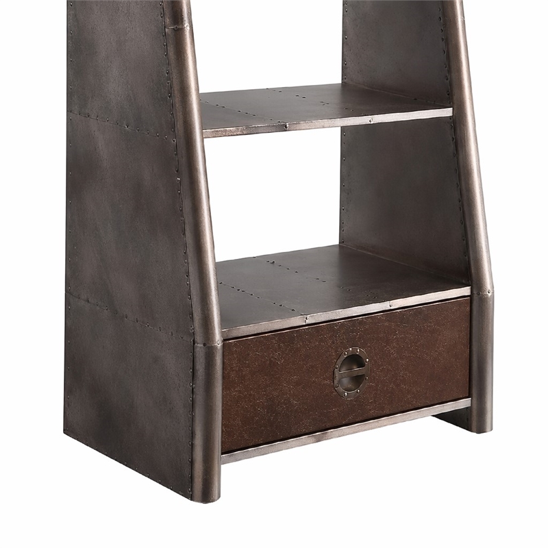 Bowery Hill 5-Shelf Wooden Bookcase with Leather Drawer in Bronze