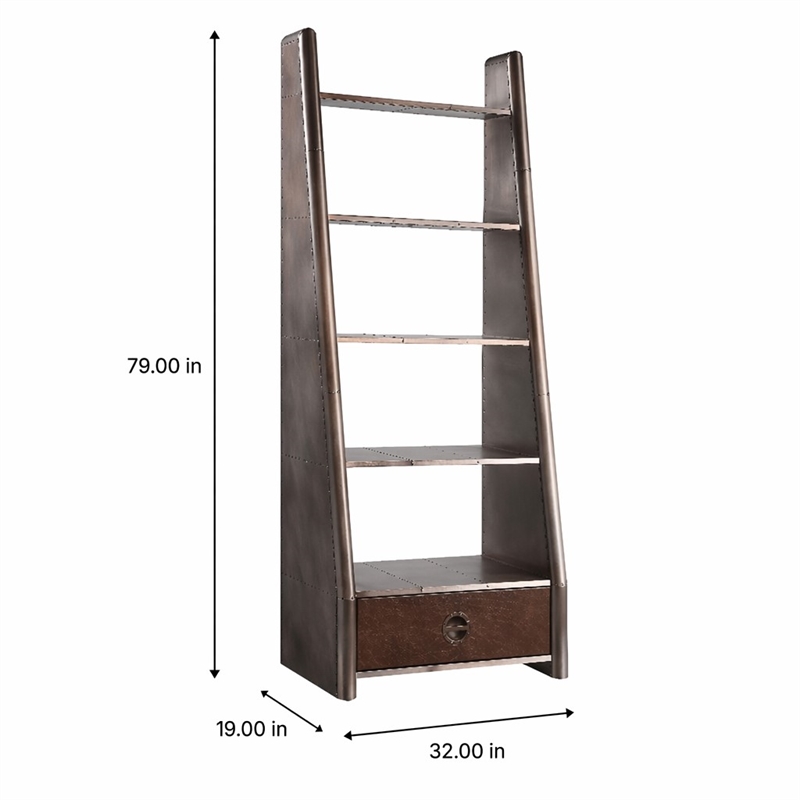 Bowery Hill 5-Shelf Wooden Bookcase with Leather Drawer in Bronze