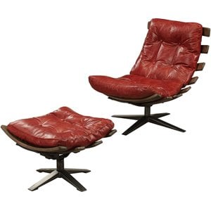 Bowery Hill Tufted Swayback Chair with Ottoman in Red Leather