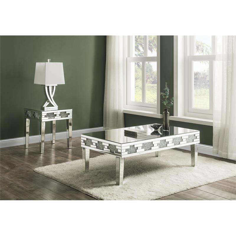 Bowery Hill Square Glass End Table with Mirrored Base and Faux Stones