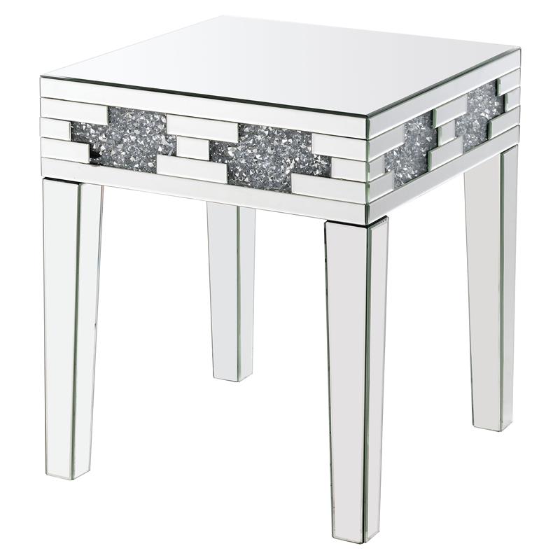 Bowery Hill Square Glass End Table with Mirrored Base and Faux Stones