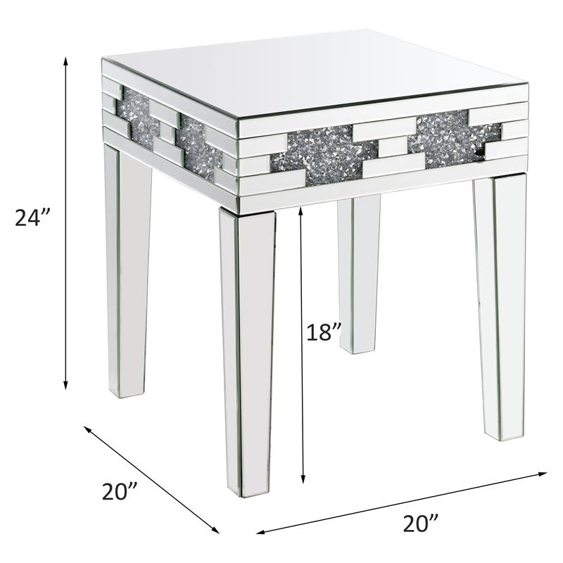 Bowery Hill Square Glass End Table with Mirrored Base and Faux Stones