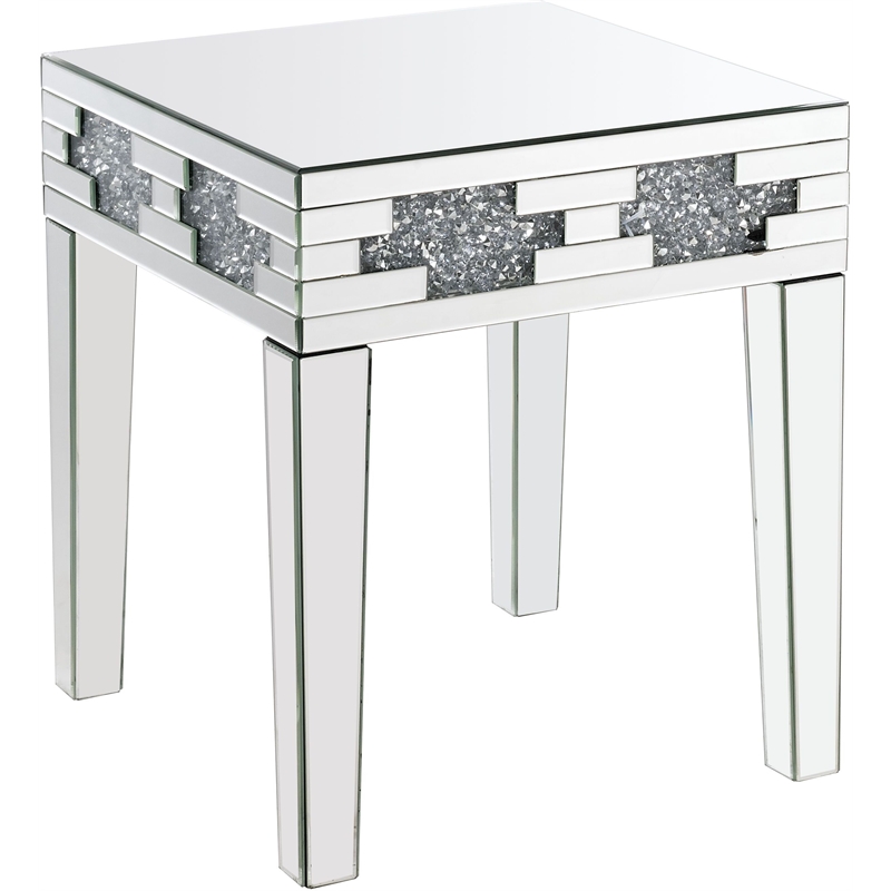 Bowery Hill Square Glass End Table with Mirrored Base and Faux Stones